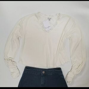 Love Five Women's Net Ivory White Top Blouse V-Neck Stretch Soft Femme Size M